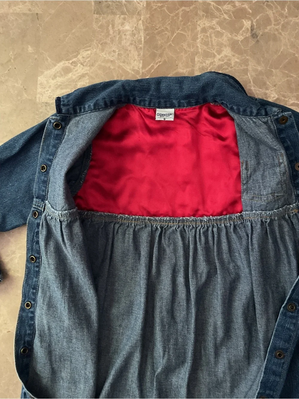 Vintage OshKosh Bgosh Girls 3t Blue Denim Floral Embroidered Ruffle Dress